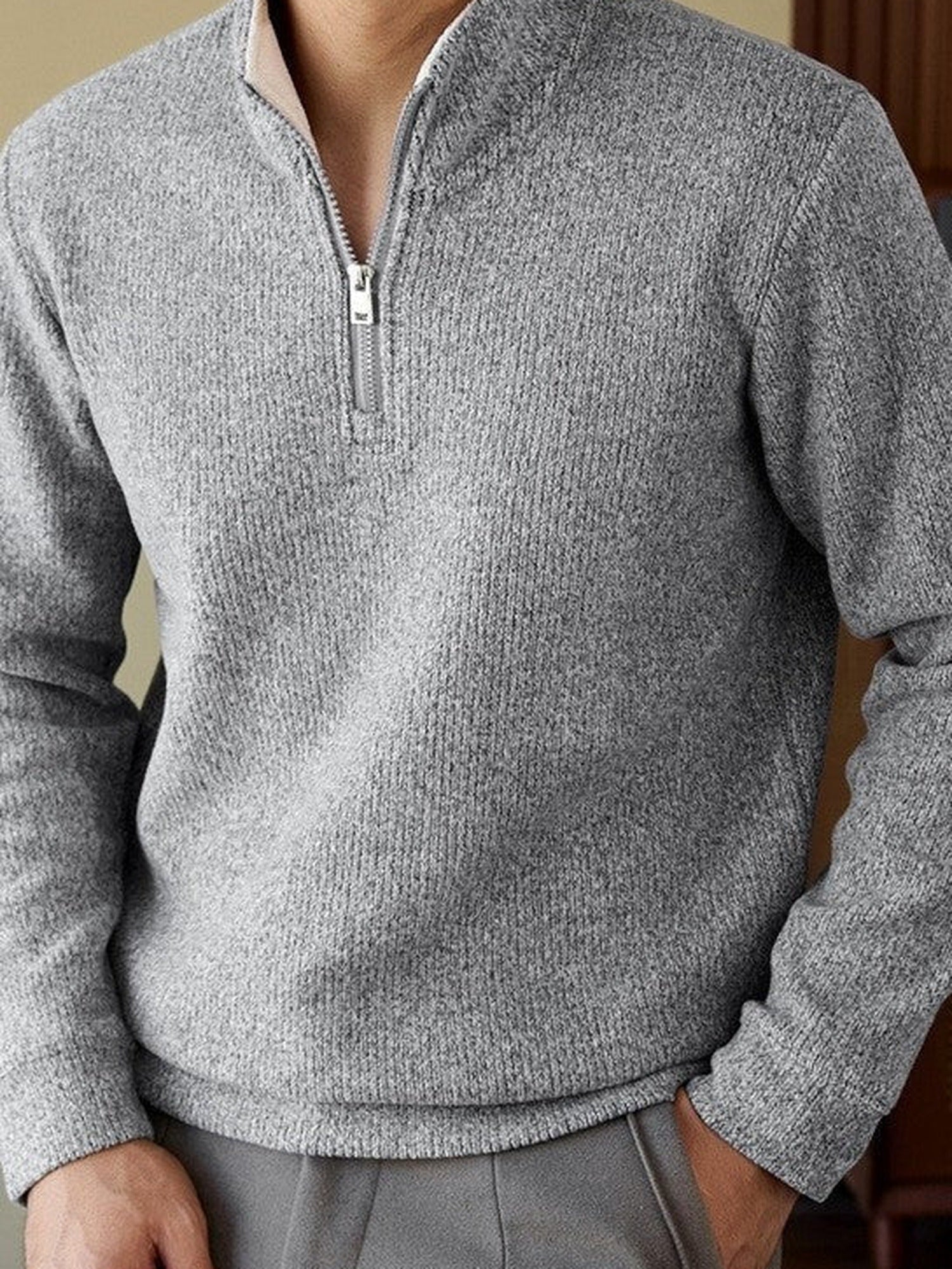Brushed Knit Half-Zip Sweater, Stand Collar – Men – Grey – worn
